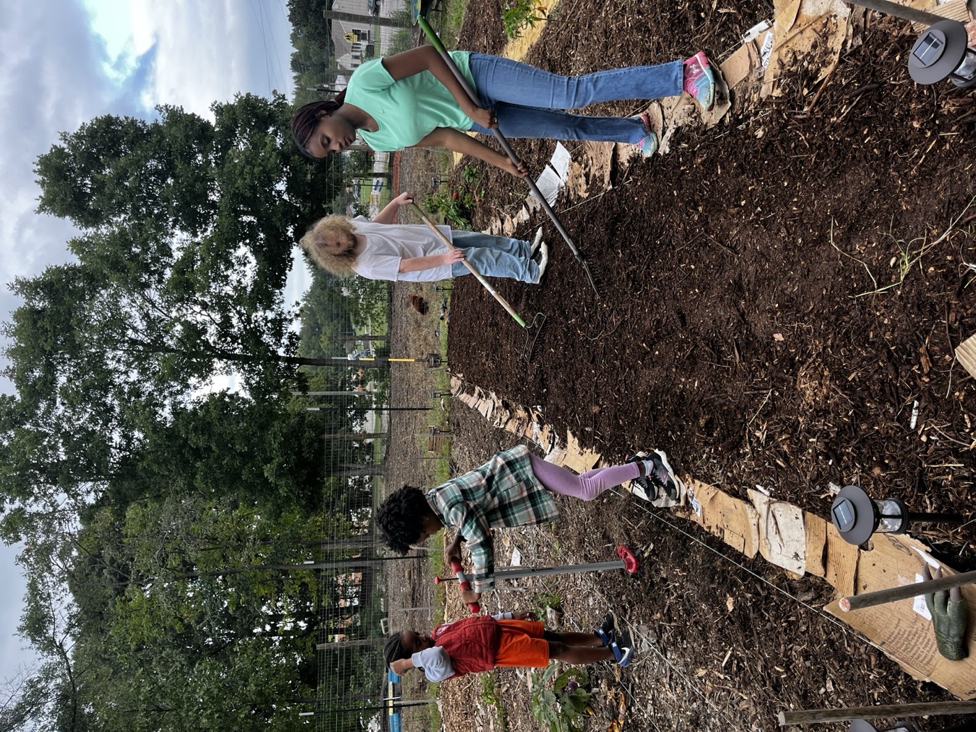 Neighbors of every age working the beds together on a Many Hands Saturday